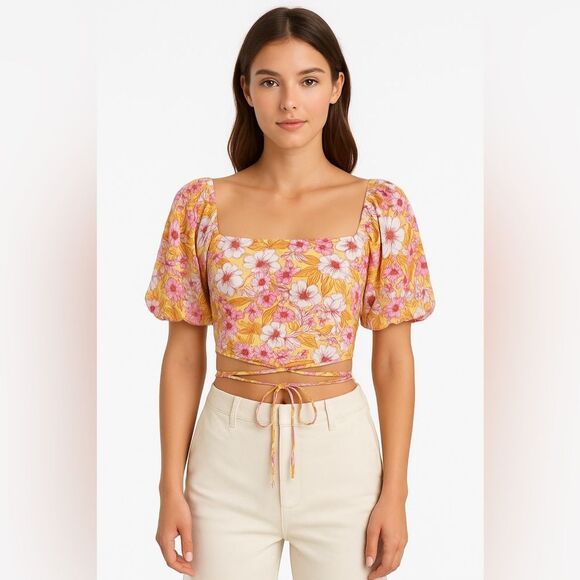 Altar’d State Boho Floral Puff Sleeve Square Neck Lace Up Back Crop Top Women M - Picture 2 of 11